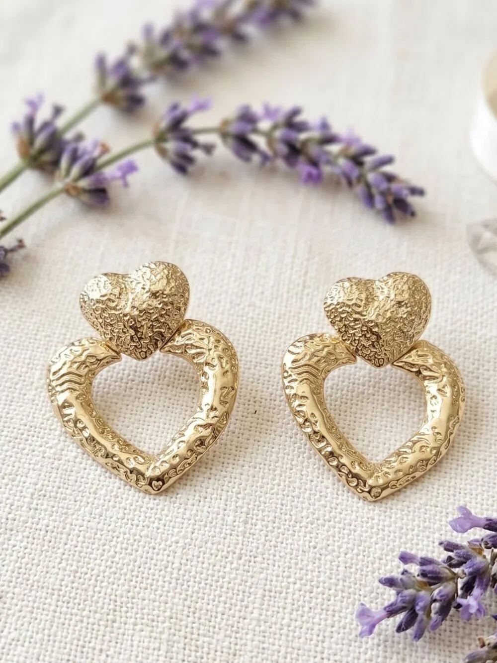 18K Gold Plated SS Coquette Mob Wife Double Heart Hammered Statement Studs 1.9in